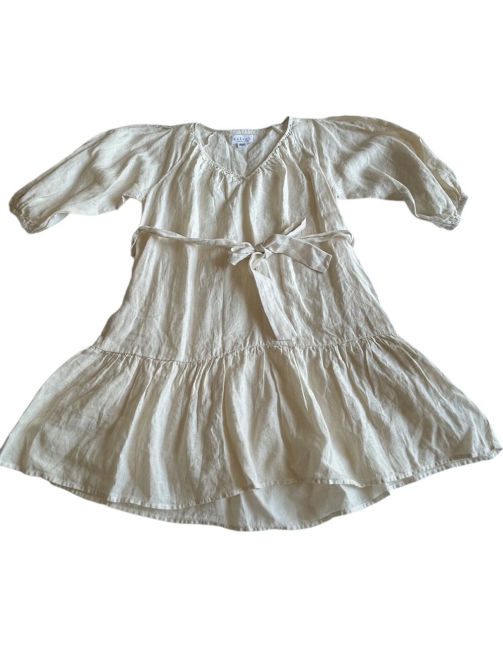 Velvet Cream Tiered Dress with Tie Waist - S